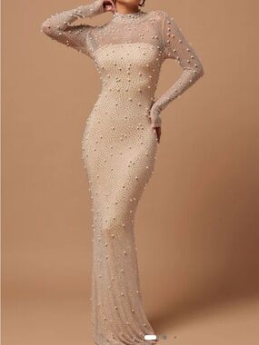 Nude Beaded/Crystal Long Sleeve Dress